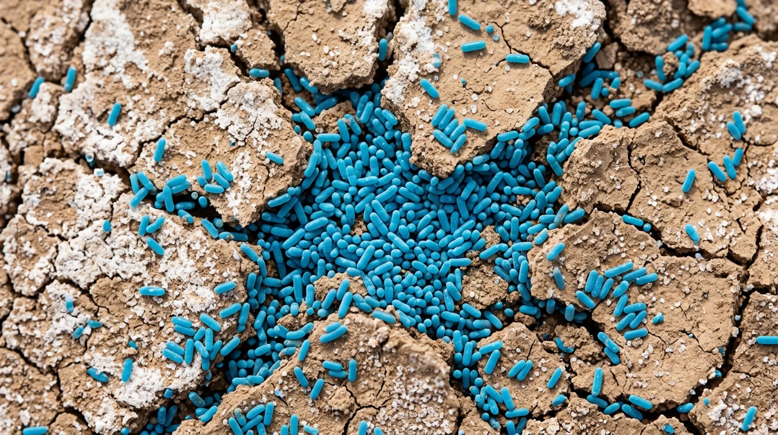 Tuzlu toprağın çatlaklarından çıkıp yüzeye yayılan mavi, çubuk biçimli Bacillus bakterileri (temsilî)