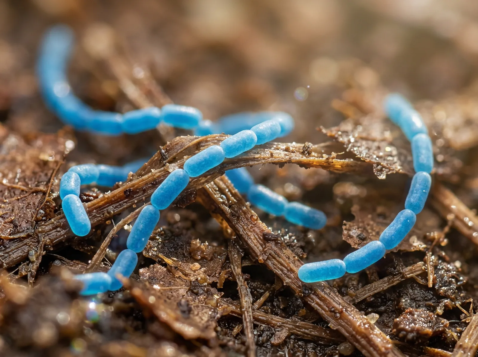Organik artıkların arasında uç uca zincir oluşturmuş mavi Bacillus licheniformis hücreleri (temsilî)